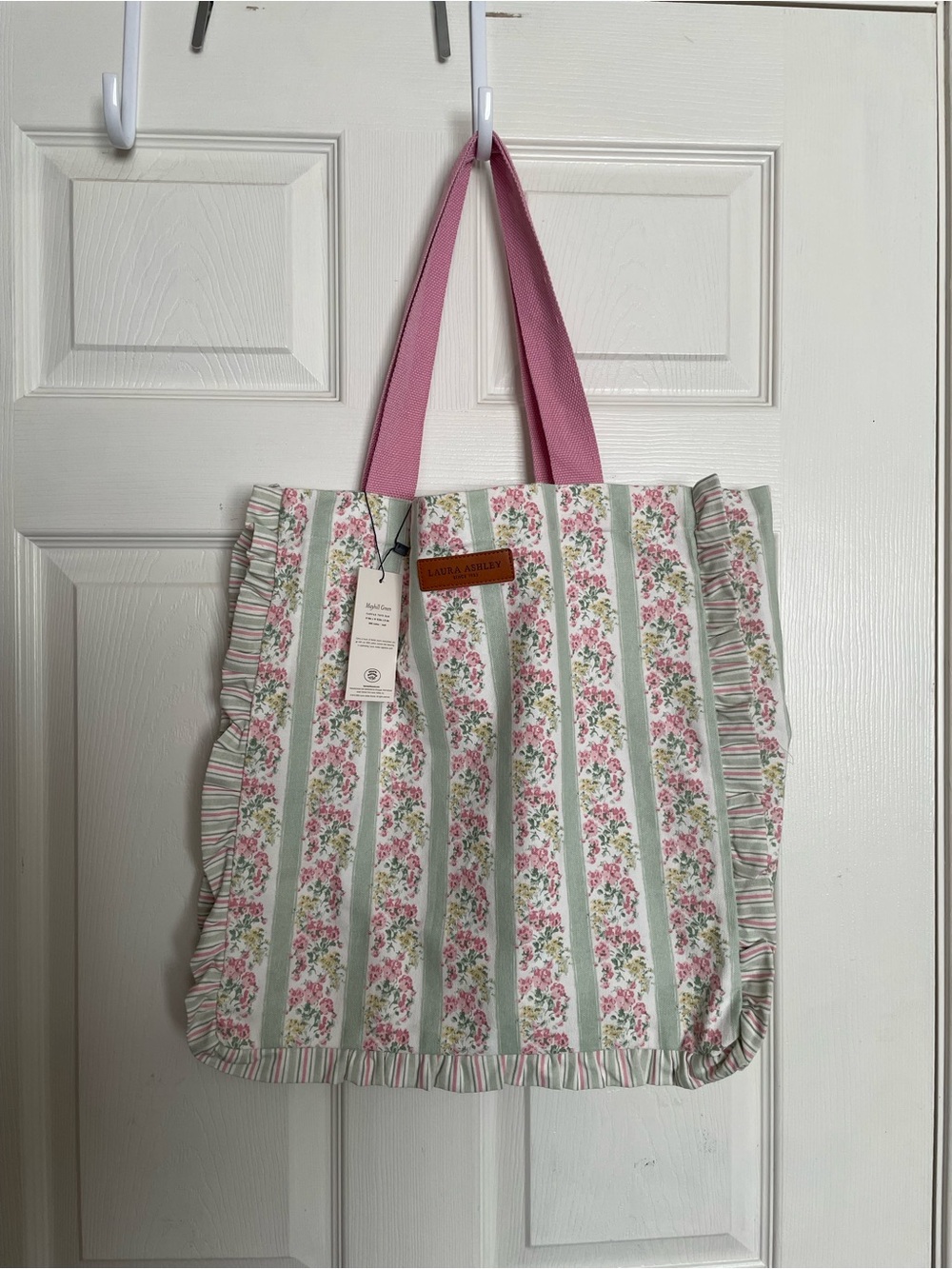 NWT Laura Ashley Mayhill Green Pink Floral w Sage Stripes Canvas Ruffle Tote Bag